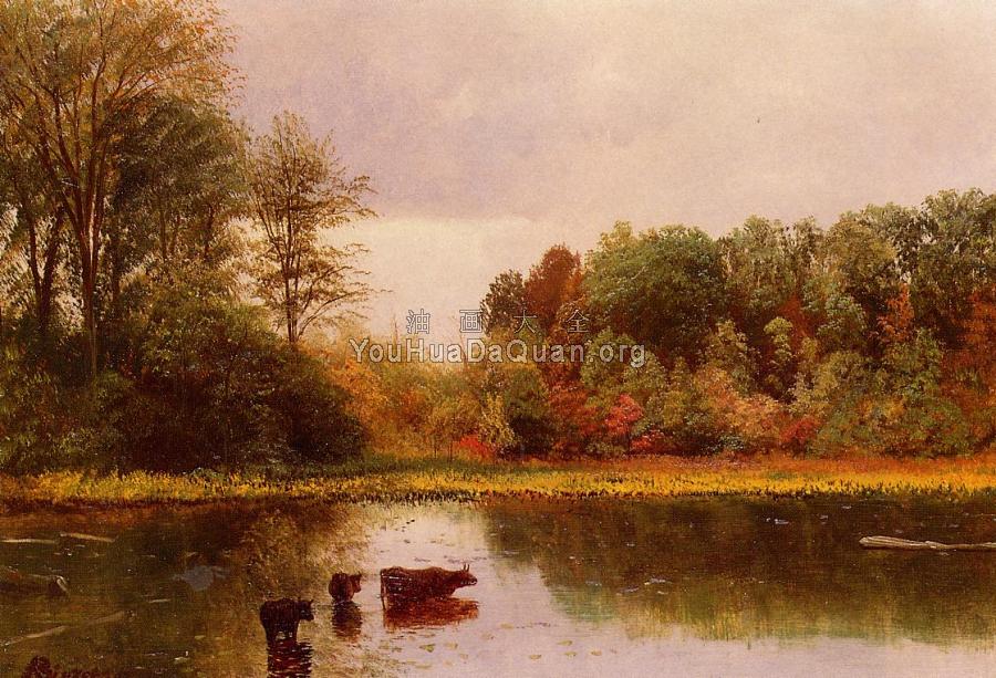 Cows Watering in a Landscape - 阿尔伯特·比尔施塔特